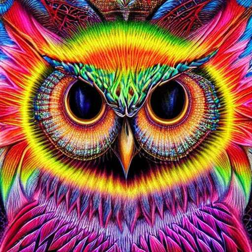 Image similar to colorful detailed portrait of a psychedelic owl by alex grey and johfra bosschart, trending in behance, 4K, deep depth of field