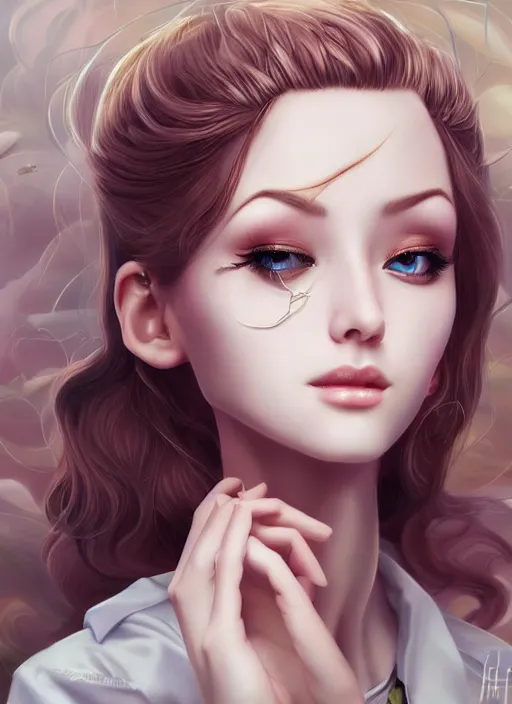 Image similar to beautiful, secretary woman, extremely detailed gorgeous face, looks realistic, hyper-detailed portrait, sad eyes tears, vaporwave aesthetic, synthwave, magical, fantasy, ninchaku , artist Artgerm i and WLOP