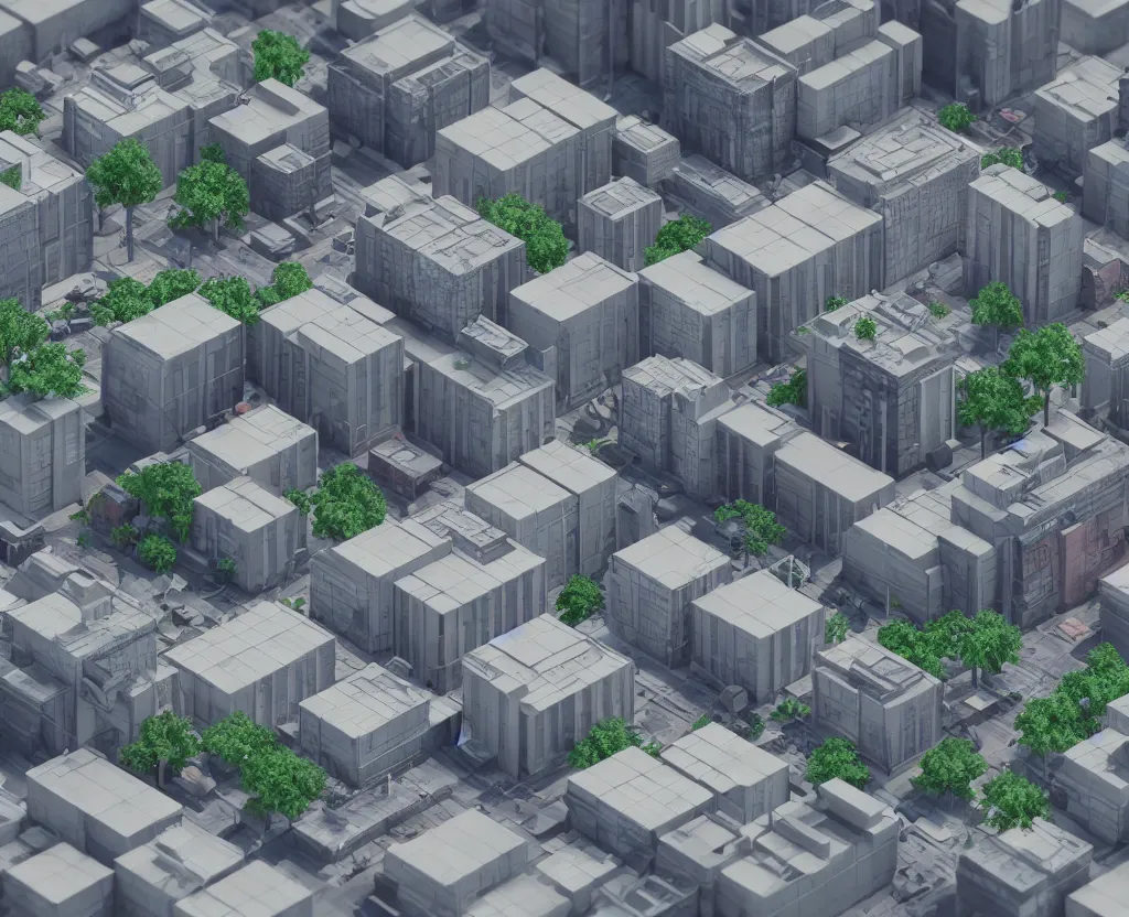 Image similar to city block, isometric view, octane 3d, ray tracing, volumetric lighting