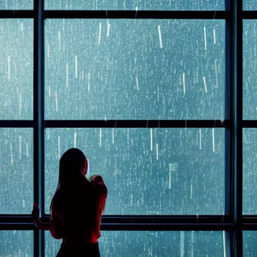 Prompt: a female cyborg looks out a window at the skyline of a raining neon city