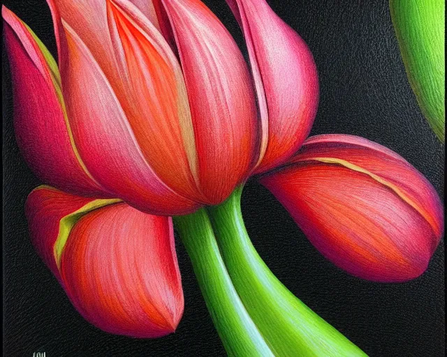 Image similar to rule of thirds intricate inside the tulip extreme closeup on a table, an ultrafine detailed painting by rafal olbinski, behance contest winner, pop surrealism, detailed painting, very detailed, minimalist, skeuomorphic, airbrush art