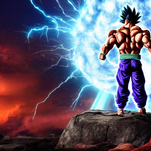 Prompt: photorealistic full shot of Dwayne Johnson as a warrior style goku super saiyan with aura at moonlight, apocalyptic background, snowing, lightning bolt, high detail, unreal engine 4k volumetric light, fog,