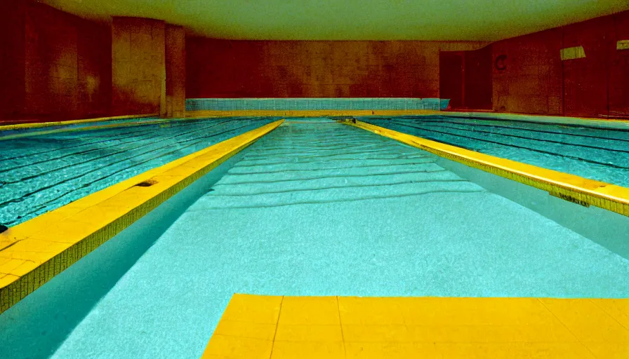 Image similar to 1 9 6 0 s movie still of an empty municipal swimmingpool with yellow tiles with light blue tiles, high quality, high detail, liminal space style