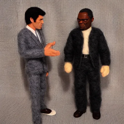 Image similar to needle felted scene featuring john travolta and samuel l jackson in pulp fiction, highly detailed, tilt shift, atmospheric, hyperrealism, highly textured, god rays, action