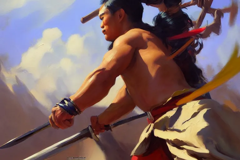 Image similar to greg manchess painting of a filipino wrestler with a sword, organic painting, sunny day, matte painting, bold shapes, hard edges, street art, trending on artstation, by huang guangjian, gil elvgren, ruan jia, randy vargas, greg rutkowski