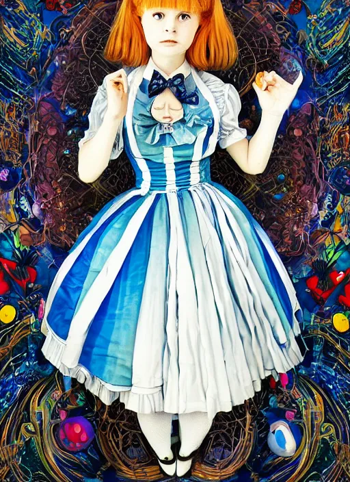 Prompt: alice in wonderland, young girl in blue dress with white apron, lolitastyle, clear symmetrical face portrait, fantasy, victorian gothic, cosmic energy, kaleidoscope, psychedelic, by tim burton, hiroshi yoshida, yoshitaka amano, tim burton, shaun tan, artgerm