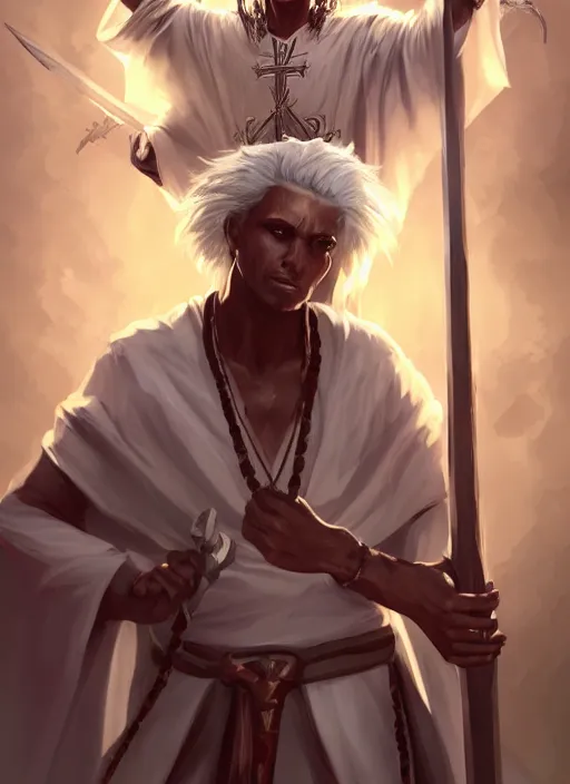 Image similar to a highly detailed illustration of sadistic white haired tanned african priest wearing white robe, wielding bloody cross sword, gothic church background, intricate, elegant, highly detailed, centered, digital painting, artstation, concept art, smooth, sharp focus, league of legends concept art, wlop