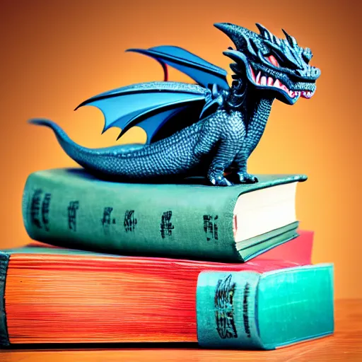 Image similar to a dragon reading book on top of a book stack