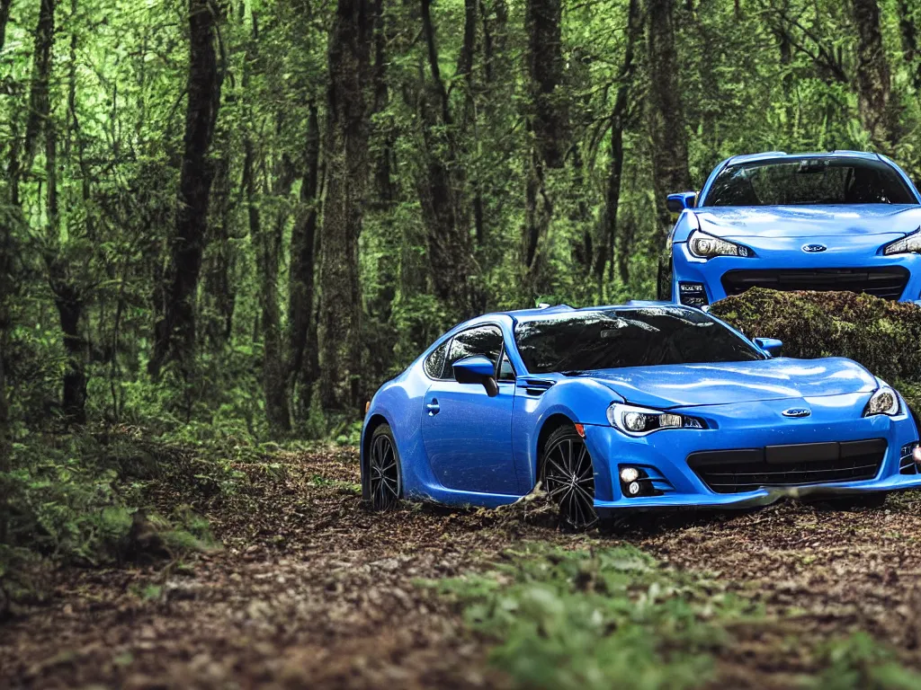 Image similar to cinematic still of one subaru brz in a forest by studio ghibli