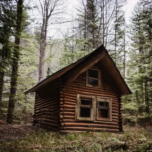 Image similar to a blurry photo of a Eerie cabin in the middle of the woods in the style of a over exposed camera