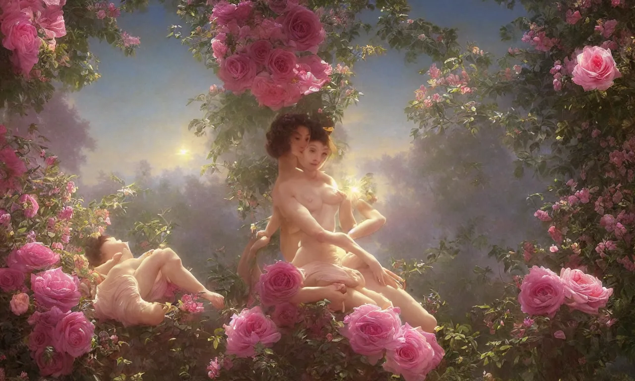 Prompt: a luminous springtime fairytale of an iridescent dragon in a romantic rose garden. Neon light, masterpiece 4k digital illustration by Artgerm and William-Adolphe Bouguereau, award winning, Artstation, Gustave Dore' background, intricate details, realistic, panoramic view, volumetric lighting, Hyperdetailed, 8k resolution, intricate art nouveau, golden hour, rendered in Unreal Engine 3