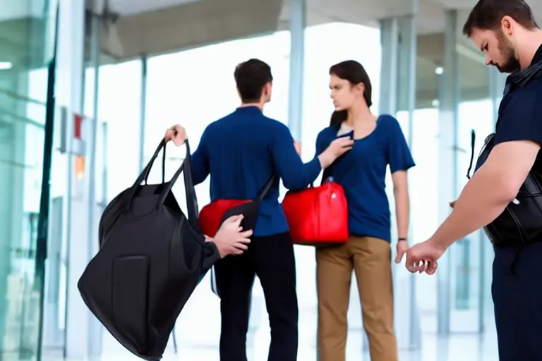 Image similar to tall, broad shouldered, security guard checks the bags of a worried looking couple, man and woman