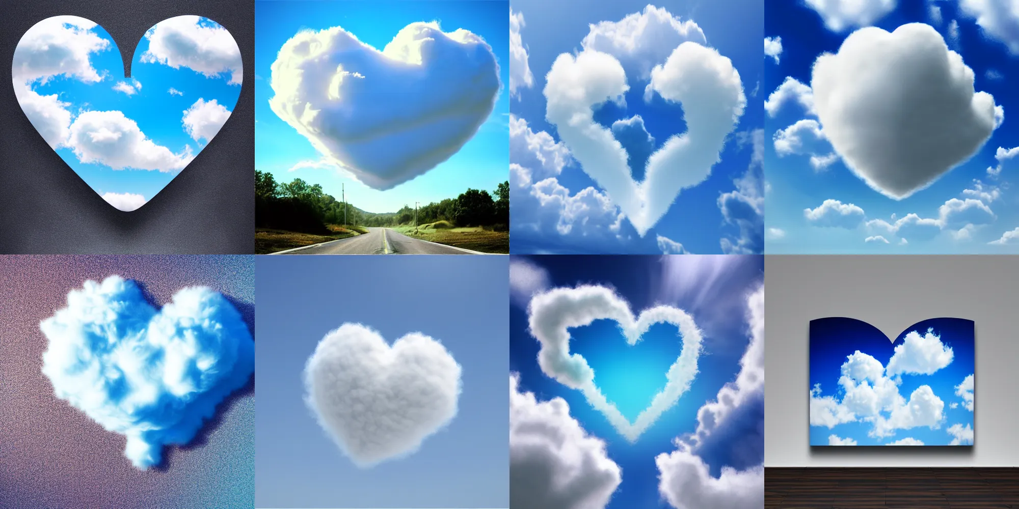 Image similar to huge fluffy cloud heart on blue clear sky, detailed, hyper realism, photo, realistic, soft volume absorbation, volume light, view up, diffused lights, ultra realism, cinematic, film