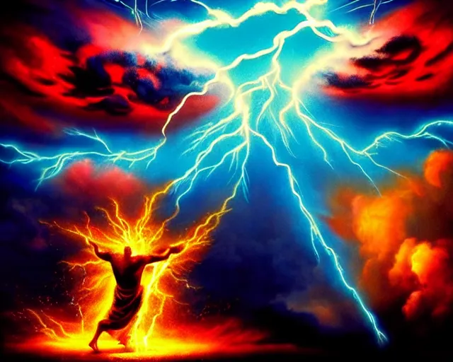 Image similar to jesus battling satan, apocalyptic, epic, blue and orange, fantastical, high contrast, fire, lightning, thunderclouds, armies, wide angle