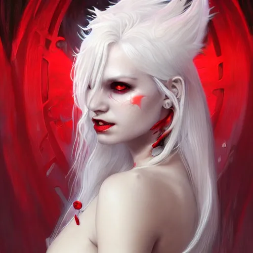 Image similar to ultra realistic illustration, dream humanoid demon girl with white hair, red horns, in white clothes, red eyes, intricate, elegant, highly detailed, digital painting, artstation, concept art, smooth, sharp focus, illustration, art by artgerm and greg rutkowski and alphonse mucha