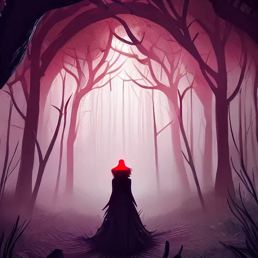 Image similar to a woman [ enchanting a forest with red magic ]!, stands in the middle of a pathway in a timid forest, trending on cgsociety, digital art, illustrated by max hay and anton fadeev, bioluminescent atmosphere, back view, intricate