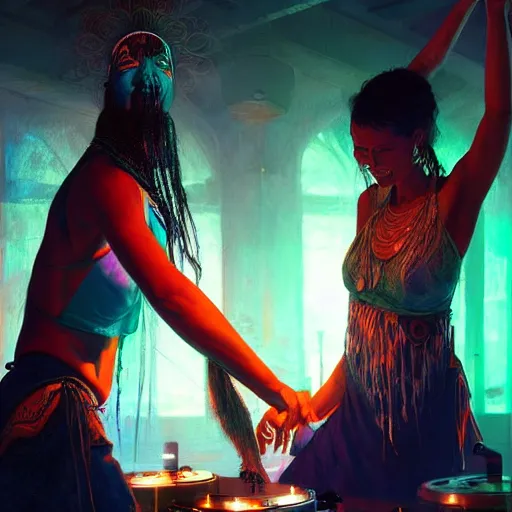 Image similar to a shaman dj in nightclub, people dancing in background, anatomy, bathed in light, highly detailed, photorealistic, artstation, smooth, sharp focus, illustration, unreal engine 5, 8 k, art by artgerm and greg rutkowski and edgar maxence