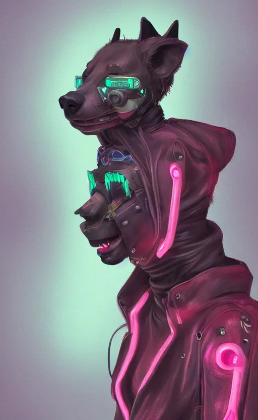 Image similar to digital painting of anthromorphic hyena female, fursona, furry fandom, neon rainy cyberpunk setting, anthro, wearing cyberpunk leather jacket, detailed face,