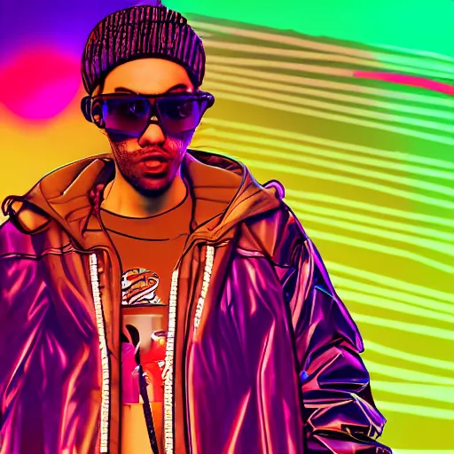 Prompt: a rapper performing on stage for millions of people while wearing cyberpunk clothes, digital art, synthwave