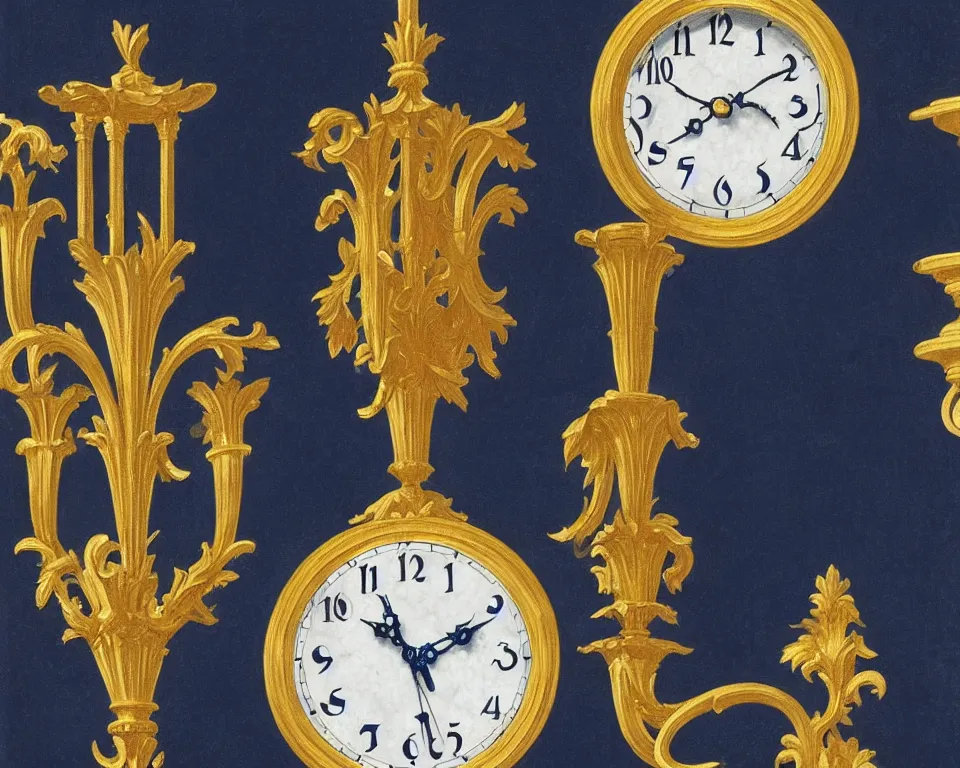 Prompt: an achingly beautiful print of ornate gold clocks, marble corinthian capitals, and Tiffany sconces on a navy blue wall by Raphael, Hopper, and Rene Magritte. detailed, romantic, enchanting, trending on artstation.