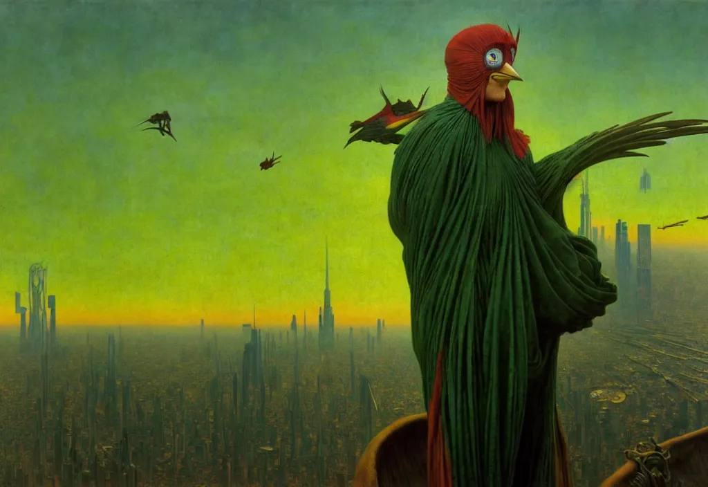 Image similar to realistic detailed portrait movie shot of a birdman wearing dark green ragged robes, futuristic city sunrise landscape background by denis villeneuve, jean delville, yves tanguy, alphonse mucha, ernst haeckel, max ernst, roger dean, rich moody colours, ethereal, closeup