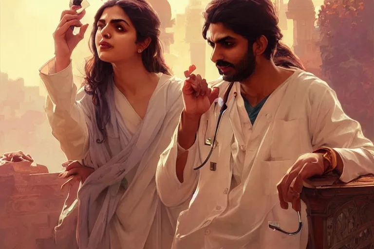 Image similar to Anxious good looking pale young Indian doctors arguing, portrait, elegant, intricate, digital painting, artstation, concept art, smooth, sharp focus, illustration, art by artgerm and greg rutkowski and alphonse mucha