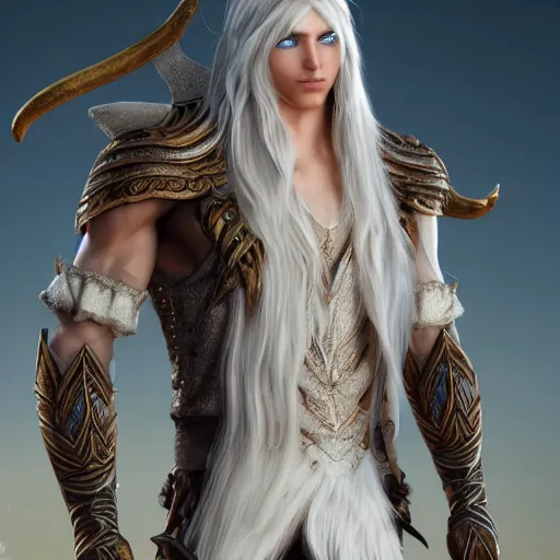 Image similar to a highly detailed male elf in full length, with white long hair, white clothes, bright blue eyes, artstation, DeviantArt, professional, octane render