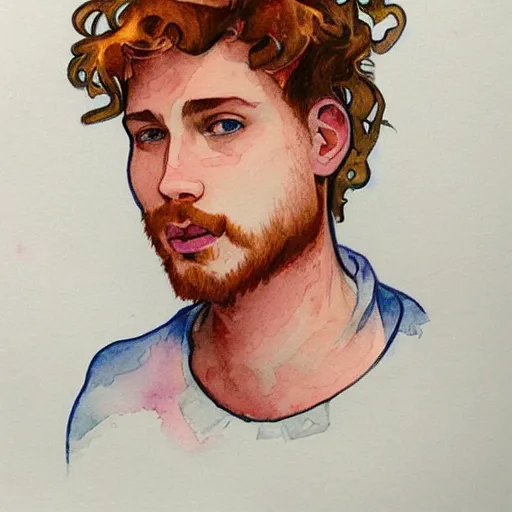 Prompt: abstract watercolor drawing of a young cute handsome beautiful strawberry blond medium very curly thick hair man in his early 2 0 s wearing a blank maroon t - shirt with grey - blue eyes, by elizabeth peyton and alphonse mucha, trending on artstation, artgen, tumblr