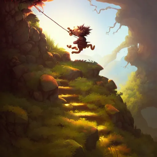 Image similar to cinematic painting of tomba!!!!!!!!!!!!!!!!! climbing a windy mountain, by alvaro castagnet, peter mohrbacher and dan mumford