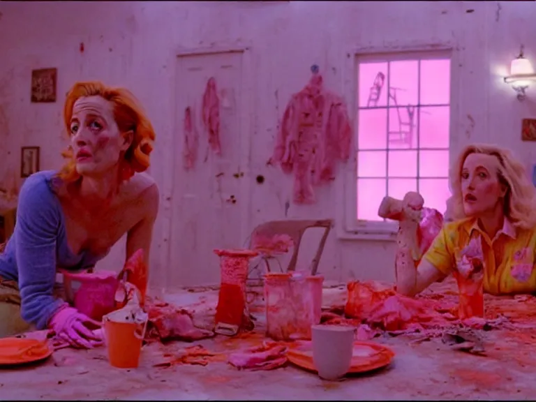 Prompt: a scene from a quirky, bright and cheerful post - apocalyptic movie, starring gillian anderson that fights the dread of the end of the world by decorating the scorched remains of the midwestern town she lives in with kitchy party decorations in shades of pink, orange and silver by director wes andersson and, blue - ray screenshot, filmed by roger deakins