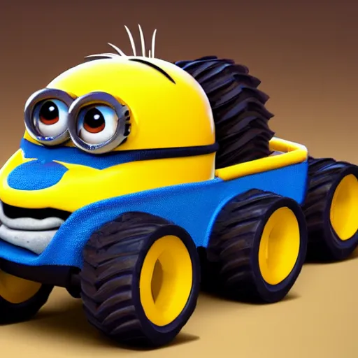 Prompt: minion driving a monster truck,