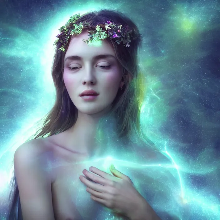 Prompt: an ethereal portrait of a goddess with divine feminine energy, surrounded by luminescent light, dark nature background, hyper - realistic, photo render, extremely detailed