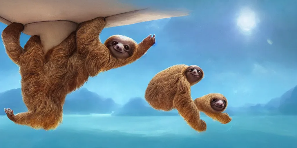 Image similar to Floating cute Baby sloths over a blue sea, Darek Zabrocki, Karlkka, Jayison Devadas, Phuoc Quan, trending on Artstation, 8K, ultra wide angle, pincushion lens effect