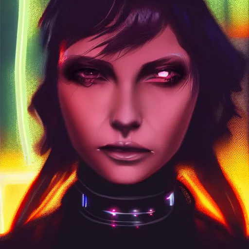 Prompt: headshot artwork of cyberpunk woman wearing thick steel choker, 4K, realistic, artstation, neon,