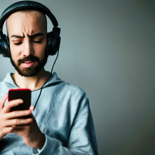 Image similar to hd photo of ancient egyptian RowLow listening to music with headphones and holding his smartphone