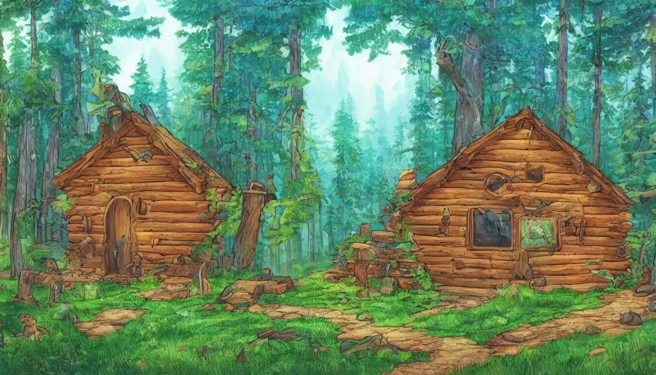 Image similar to a clearing in a forest with a cabin, Disney cartoon, animation, high detail, colorful