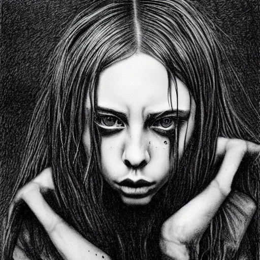 Prompt: grunge drawing of billie eilish by - Zdzisław Beksiński , line art style, horror themed, detailed, elegant, intricate