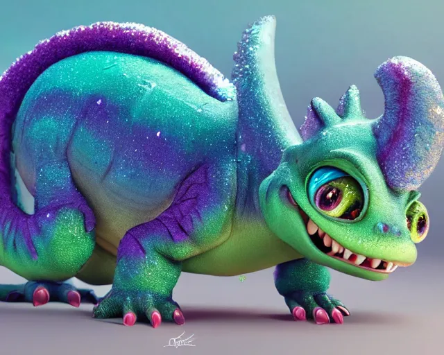 Image similar to a cute baby dinosaur, big eyes, soft fur and scales texture, pastel colours, colorful, glitter crystals, cute, pixar animation style, detailed, soft light, octane render, 4 k