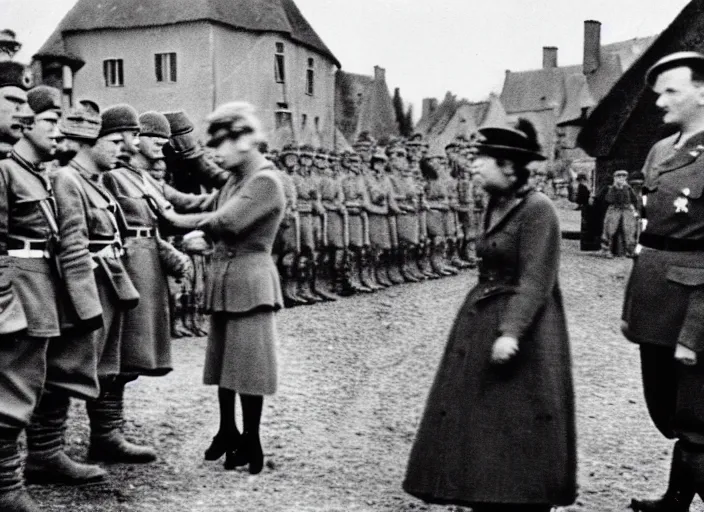 Prompt: ultra wide 1 9 4 6 blurry historical far away photo a german general surrendering to young queen elizabeth in a french village, her corgis are nearby highly detailed, sharp focus