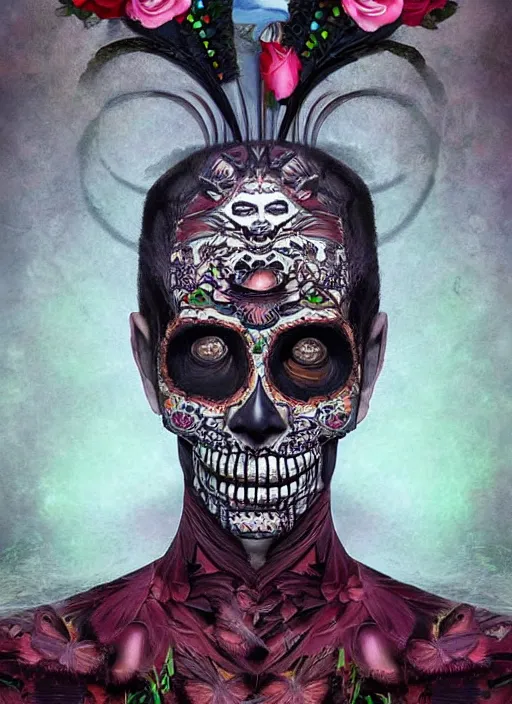 Image similar to dia de los muertos theme surrealist art in the styles of igor morski, jim warren, and loyiso mkize, intricate, hyperrealistic, accurate facial details, profile picture with chromakey!!!!! background, volumetric lighting