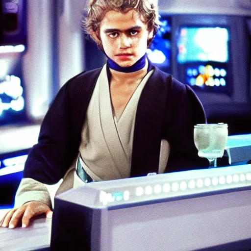 Image similar to young anakin skywalker from attack of the clones sitting at quark's bar on deep space nine, 3 5 mm photography, highly detailed, cinematic lighting, 4 k