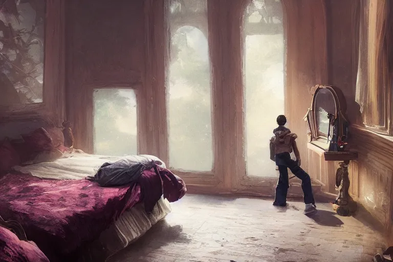 Prompt: a beautiful picture of a teenager boy looks the mirror in the luxurious bedroom, by greg rutkowski and thomas kinkade, trending on artstation