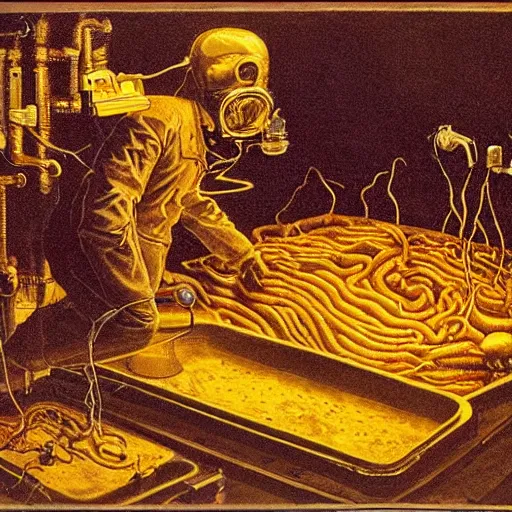 Image similar to dark hi-tech sci-fi lab at night, realistic gustave coubert painting a hideous and sick human exposed guts crawling in two legs and dripping golden metalic fluid from intestine into a pool of golden liquid on the floor. Smokey atmosphere