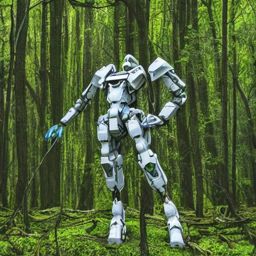 Prompt: still rom a big budget scifi movie of a misty swamp planet, a mech with many wires and cable joints with translucent white plastic armor walks above the forest canopy