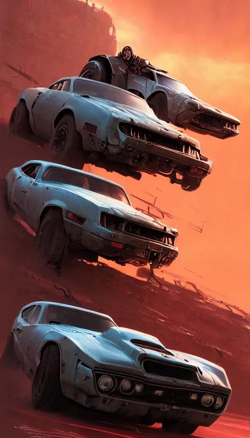 Image similar to road warrior, gemma chan girl, carmageddon, muscle cars, weapons, mad max, blood drive, made by stanley artgerm lau, wlop, rossdraws, james jean, andrei riabovitchev, marc simonetti, yoshitaka amano, beksinski artstation, cgsociety