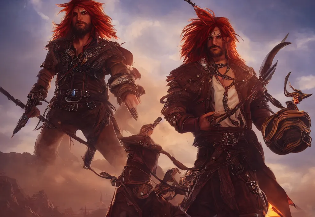 Image similar to character sheet : an epic fantasy comic book style portrait painting of a long haired, red headed male sky - pirate in front of an airship, unreal 5, daz, hyperrealistic, octane render, cosplay, rpg portrait, dynamic lighting