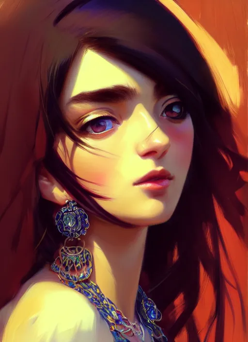 Image similar to a comic portrait of an gypsy girl, fine - face, realistic shaded perfect face, fine details, jewelry, night setting. very anime style. realistic shaded lighting poster by ilya kuvshinov katsuhiro, magali villeneuve, artgerm, jeremy lipkin and michael garmash, rob rey and kentaro miura style, trending on art station