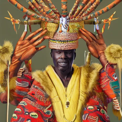 Image similar to highly detailed painting of the oba of benin surrounded by masquerades, fantasy, 8 k, realistic, symmetrical, digital illustration,