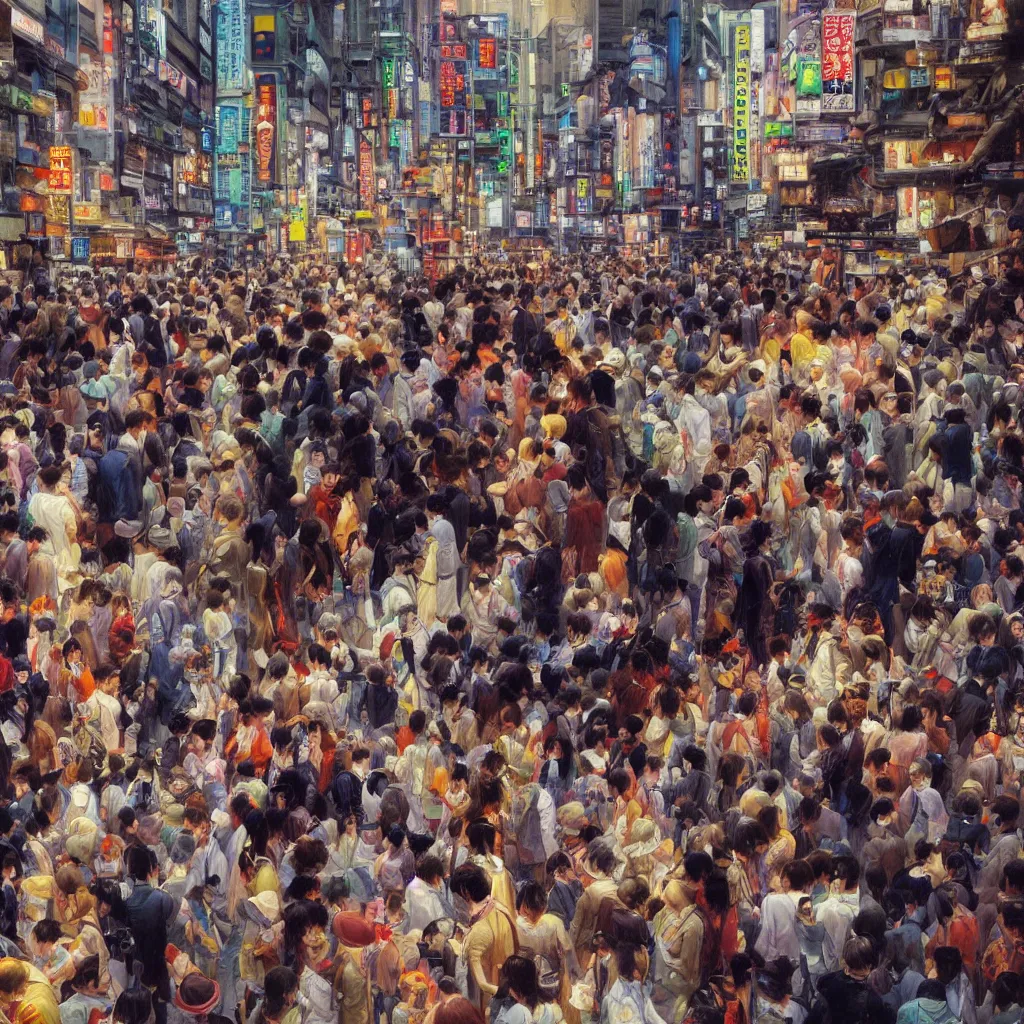 Prompt: Lost in Crowded Tokyo, very detailed oil painting, focused, colorful, artstation, Antoine Pierre Mongin