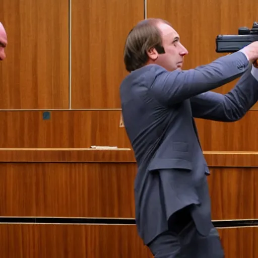 Image similar to saul goodman shooting a glock 1 9 inside a courtroom